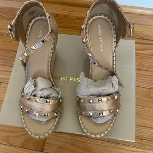 Marc Fisher  Gold Leather Wedge sandal with studs, Size - 9,5